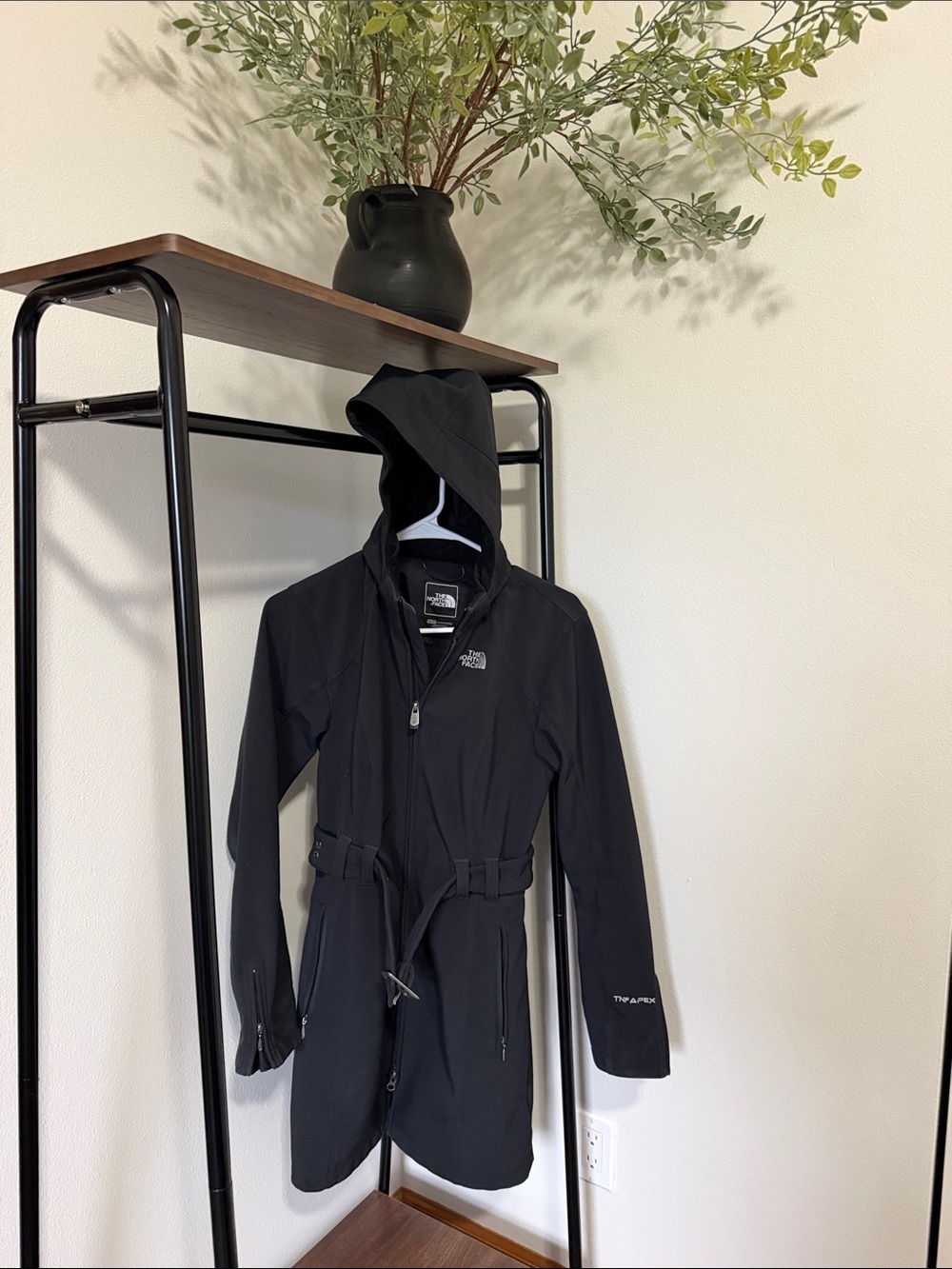 The North Face Black Hooded Trench Coat with Belt